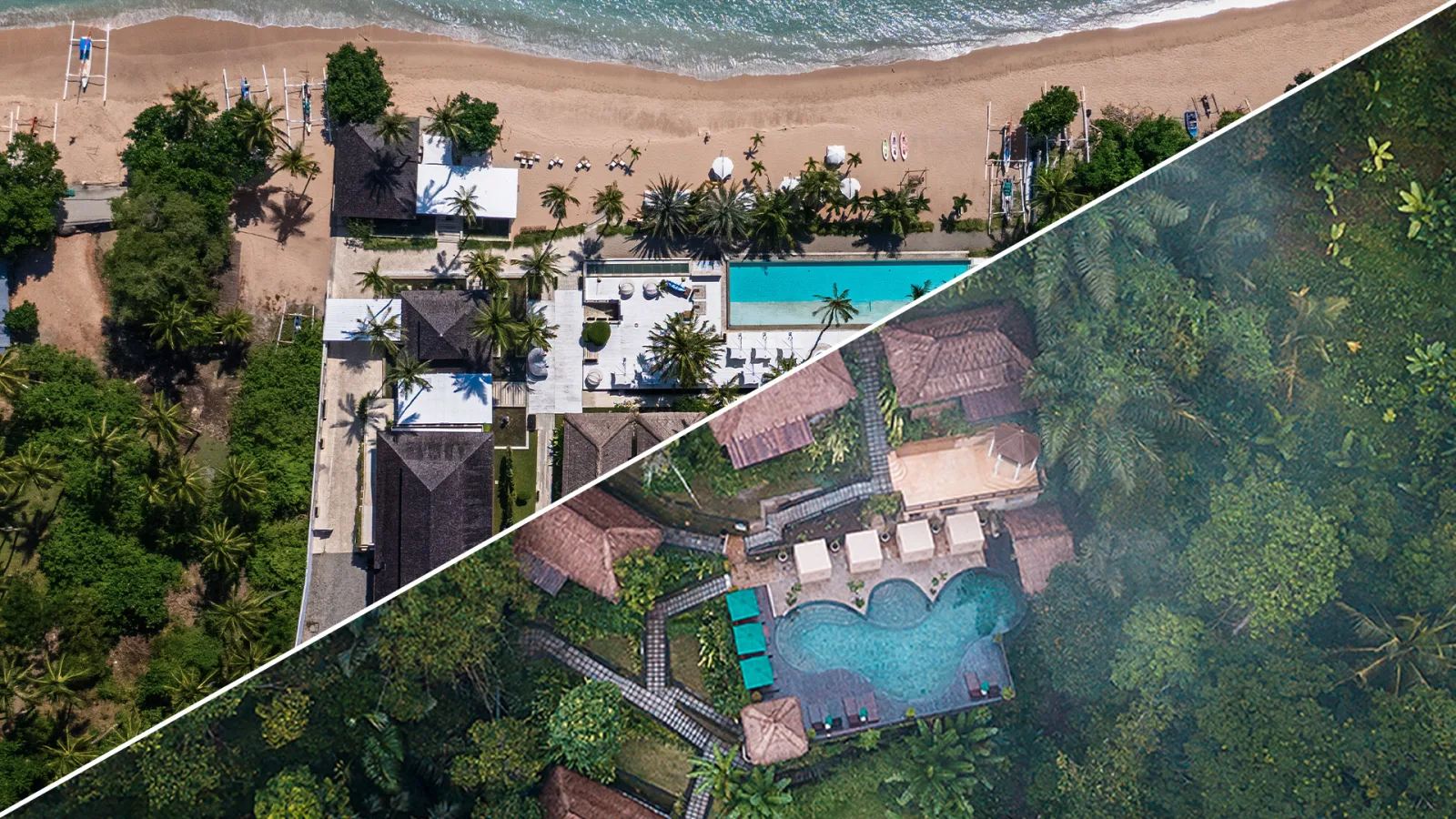 Aerial split view of Seven Secrets Lombok beachfront resort and Nandini Jungle by Hanging Gardens Bali surrounded by tropical jungle.